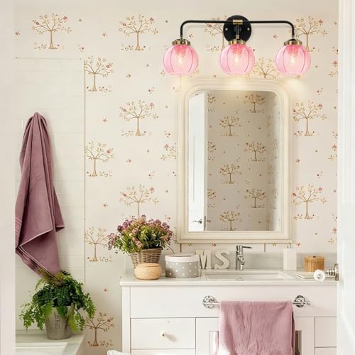 Image of Modern Bathroom Light Fixture Pink Wall Lights with Ribbed Glass Shade 3-Lights Vintage Black Vanity Light Over Mirror Wall Sconce Decor Lighting Fixtures for Bath Farmhouse Bedroom