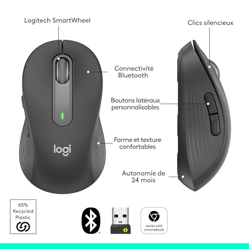 Logitech Signature M650 L Souris sans fil Grande Taille - Pour Mains Larges, Pile 2 ans, Clics Silencieux, Boutons de Côtés Programmables, Bluetooth, PC/Mac/Multi-Device/Chromebook - Gris