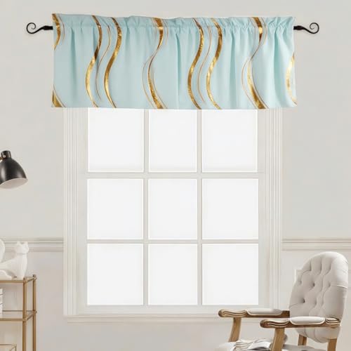 MYRU Modern Window Valance with Wave Pattern, Rod Pocket Striped Curtain(Light Green and Gold,54" W x 18" L (Pack of 1))