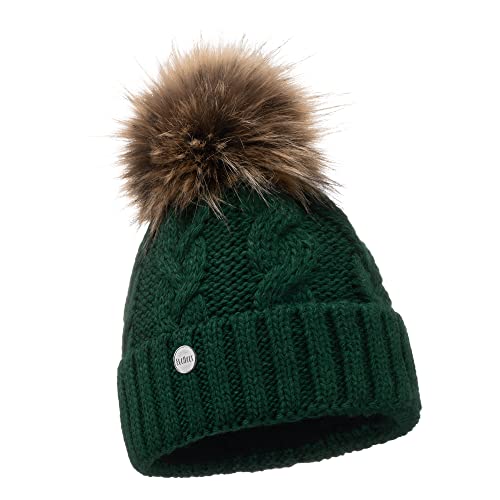 ELIMELI® Bonnet d'hiver pour femme avec pompon en fourrure,Doublure en polaire,Bonnet chaud pour femme,Bonnet d'hiver avec pompon en fourrure synthétique,Fabriqué en UE, vert foncé, taille unique Cover