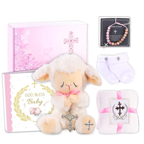 Bingbrofam Baptism Gifts for Girl, Christening Dedication Gifts Set for Girls Boy from Godmother Grandparents Parents Includes Praying Lamb Plush Toy Book Bracelet Blanket Socks