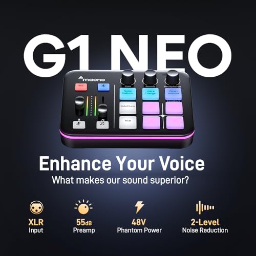 MAONO Gaming Audio Podcast Mixer, Streaming RGB PC Mixer with XLR Microphone Interface, Bluetooth, Volume Fader, Mute Button, 48V Phantom Power, for Podcast/Recording/Vocal/Game Voice-G1 NEO, Black - Image 2 thumbnail