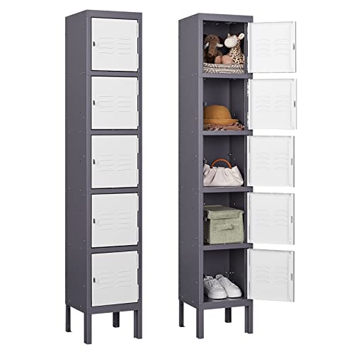 Image of Metal Locker with 5 Doors, 5 Tier Locker Steel Employees Lockers, Tall Steel Storage Lockers for School, Home, Office, Gym(Grey White), (ML-0721)