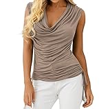 Veatzaer Women Cowl Neck Tank Tops Summer Ruched Sleeveless Casual Shirts Side Shirring Cotton Tops Khaki