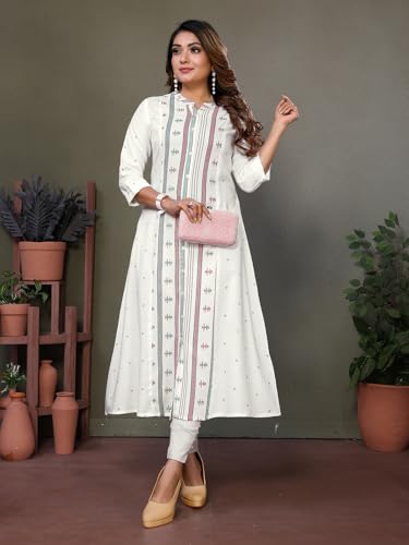 Image of rangita Off White Rayon Calf Length Printed A-line Kurti for Women | Kurta for Women
