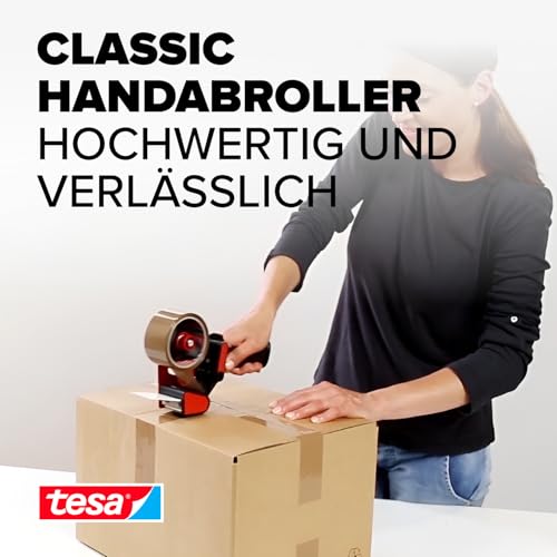 tesa Handabroller CLASSIC - Universeller Abroller für Klebebänder - mit robuster Metallhalterung - für Paketbänder mit bis zu 50 mm Breite