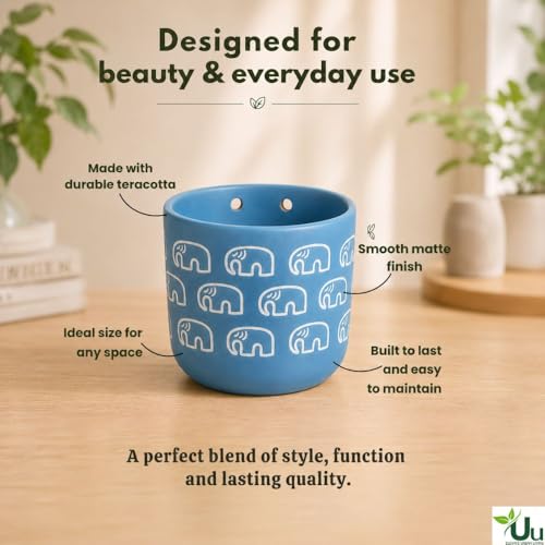 Image of Urban Upvan Elephant Printed Blue Terracotta Wall Planter - Premium Decorative Planter for Indoor & Outdoor Plants, Modern Elegant Flower Pot for Home, Garden & Office
