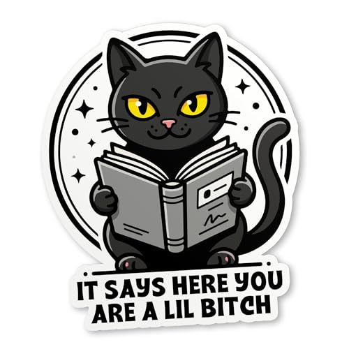 It Says Here Youre A Lil Bitch Sticker Funny Humor Cat Reading Book Sarcastic Quotes Waterproof Die-Cut Vinyl Kindle Stickers for Water Bottle, Laptop, Notebook, Decals for Car Window, Decor Gifts
