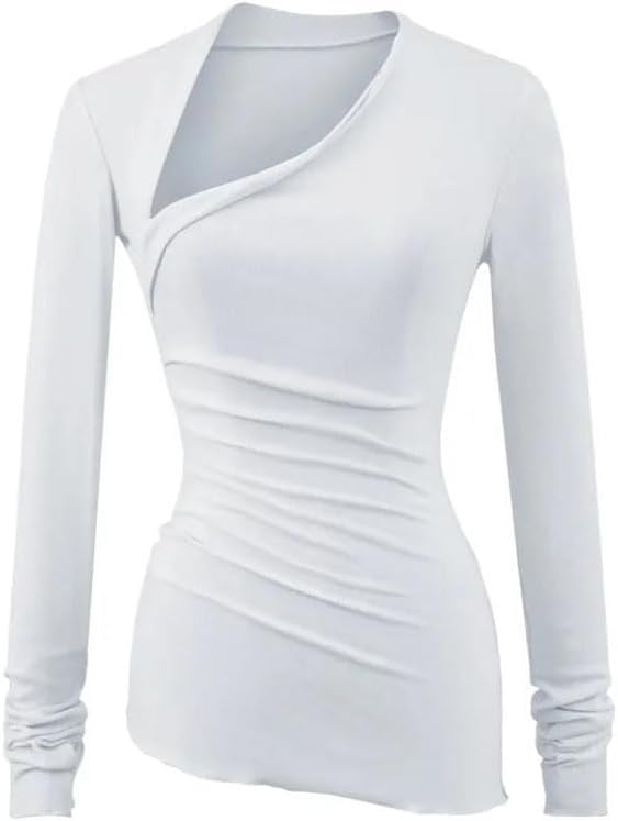 Women Cloud Asymmetric Long Sleeve Top Tee Pleated Slim Fit T Shirt Street Chic Style
