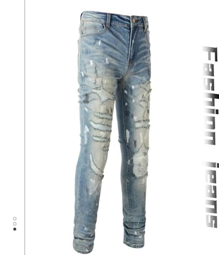 Jeans Pants Trouser Denim Men Worn Hole Trendy Street Personality Paint Graffiti Sanding Fading Washed Blue Elastic Tight Slim Fit Casual Small Leg(Light Blue,33)3