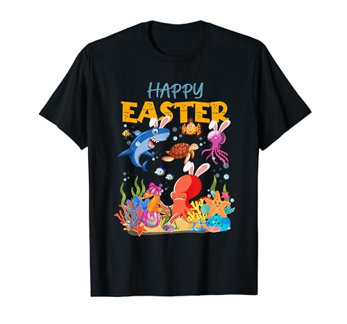 Happy Easter Bunny Sea Animals Shark Squid Octopus Turtle T-Shirt