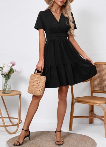 Image of Women's Casual Summer Dress V Neck Short Sleeve Flowy Stretchy Comfort Fit for Daily Wear Work Midi Dresses
