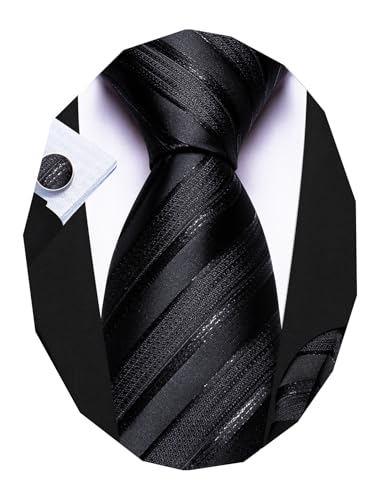 Barry.Wang Black Tie Sets for Men Silk Stripe Necktie Woven Solid Handkerchief Cufflinks Formal Business Wedding
