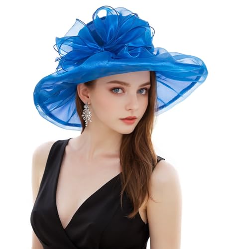 Litter Star Womens Elegant Blue Organza Derby Fascinator Hat for Church Tea Party Weddings & Outdoor Events (Hat1-Blue)