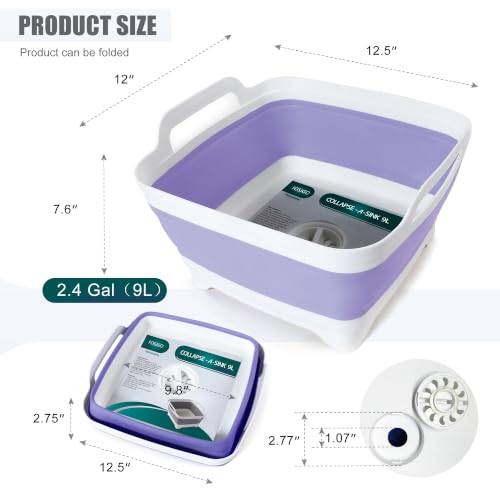 Image of FOSJGO Collapsible Dish Basin with Drain Plug, 2.4 Gal (9L) Space-Saving Foldable Sink, Wash Basin for Kitchen, Baby Bottles, Vegetable Washing, Camping, RV and Party Beverage Tubs (Purple)