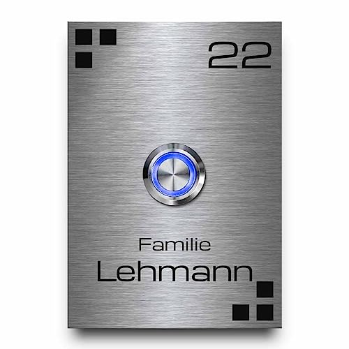 Robustes Klingelschild aus V2A Edelstahl mit individueller Gravur - Türklingel Modell Lehmann ab 7x10 cm | personalisierte Gravur mit Motiven und Wunschtext