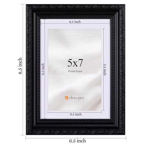 Image of eletecpro 5x7 Vintage Picture Frame, Glass Cover, Black, 2-Pack | Display Photo 4x6 with Mat or 5x7 without, Horizontal or Vertical, Tabletop or Wall Decor