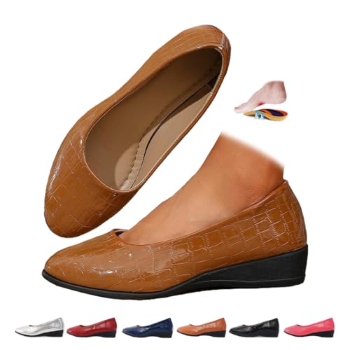 Women's Comfortable Arch Support Wedge Slip-On Shoes, Lightweight Leather Shoes Low Heel Wedge Casual Work Ballerina Court Shoes (Brown,6)