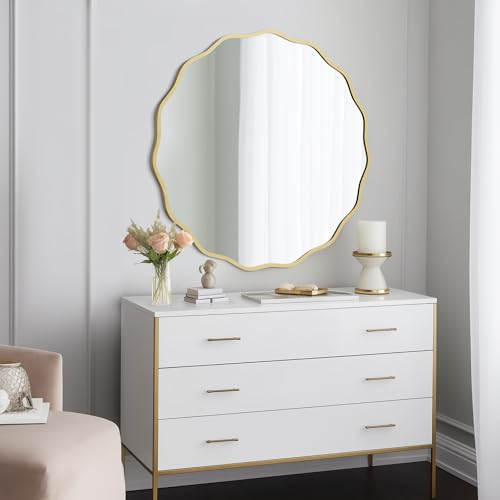 Image of WallBeyond Round Wavy Mirror for Wall Decorative 32 inch, Modern Round Mirror Aluminum Frame for Bathroom Bedroom Living Room Home House Office Entryway, Gold