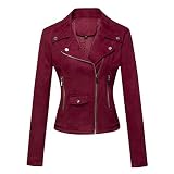 ORANDESIGNE Damen Lederjacken Kurze PU Jacke Schlank Dünne Reißverschluss Kunstleder Revers Lederjacke Motorradjacke Kurze Lederjacke Wildlederjacke Bikerjacken mit 2 Tasche B Weinrot XL