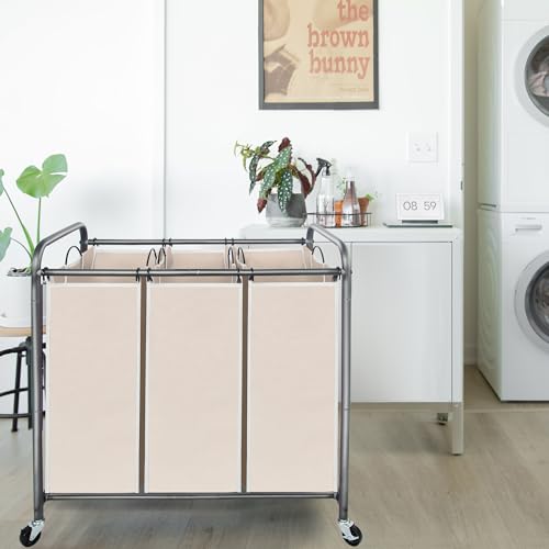 STORAGEIDEAS Laundry Sorter Hamper with Wheels, Heavy-Duty Laundry Sorter Rolling Cart, Lockable Wheels and Removable Bags, 3 Sections, Beige by STORAGEIDEAS - Image 8