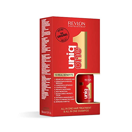 REVLON PROFESSIONAL UniqOne Duo Pack, Tratamiento Capilar 150ml y Champú Todo en Uno 100ml, Tratamiento Hidratante para el Pelo, Repara Cabello Seco y Dañado, Desenredante y Antiencrespamiento