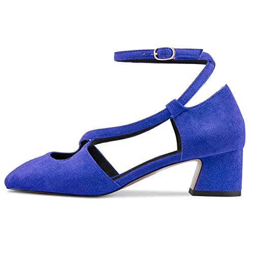 Saekcted Women Mid Chunky Block Heel Square Toe Pumps Cross-Strap Ankle Strap Buckle Party Cute Shoes3