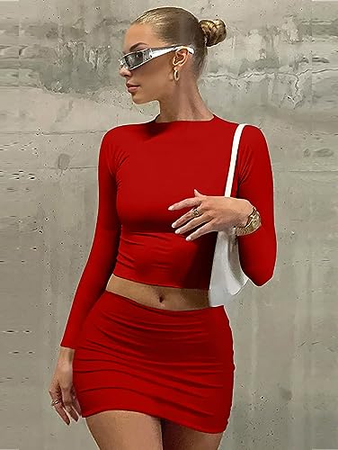 Image of LAGSHIAN Women Sexy 2 Piece Outfits Long Sleeve Crop Top Bodycon Mini Skirt Club Suits Dress