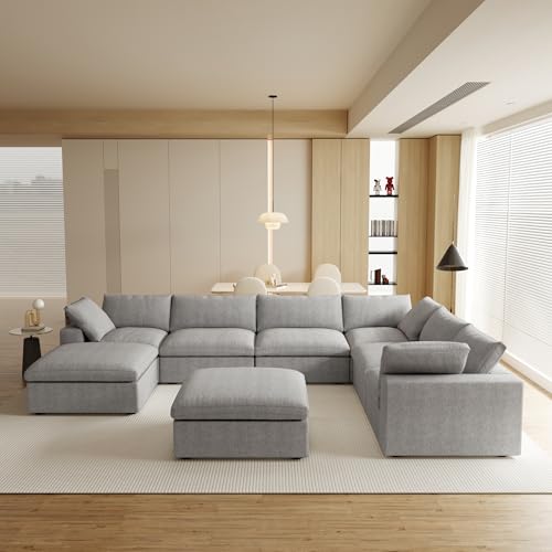 Image of 160 inch Cloud Sectional Couch, Overzised Down Filled Couch, 8 Seater Convertible Modular Cloud Sofa for Living Room, Minimalist Deep Seat Modern Couches,Sofa Cover Removable, Grey