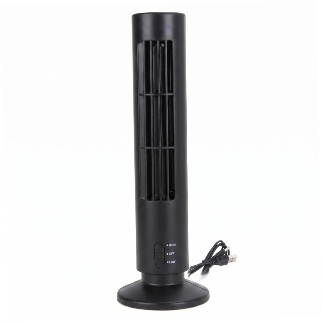 CAKEEYUM Bladeless Mini Tower Fan 2-Speed USB Fan Blows Cold Air Quiet Operation Energy Efficient 10.5x33cm - Black
