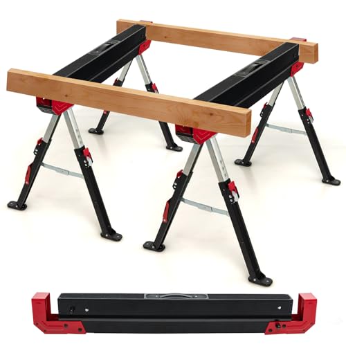 GYMAX Lot de 2 Tréteaux Pliable en Métal, Charge Max 1180kg, Hauteur Réglable 62-83cm, Chevalet de Sciage avec Bras Chevilles de Support de Bois (Rouge)