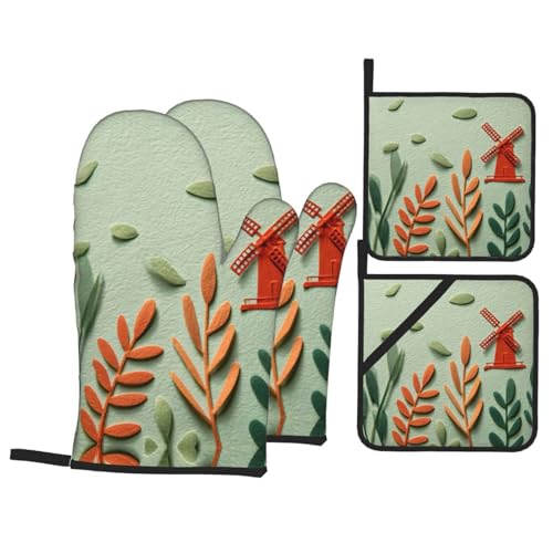 Leaves Print Oven Mitts and Pot Holders Sets for Kitchen, Microwave, and Outdoor BBQ – Easy to Clean with Side Rope Design