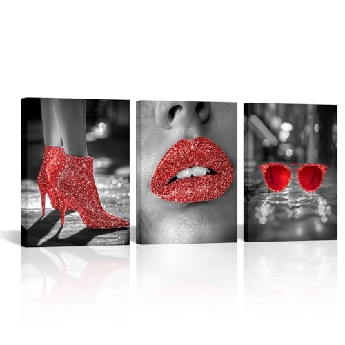 VANSEEING 3 Pieces Women Bedroom Decor Canvas Wall Art Prints Red Lips Fashion High Heels Sunglasses Fashion Picture Black and White Sexy Artwork Painting for Bathroom Dressing Room 12"x16"x3pcs