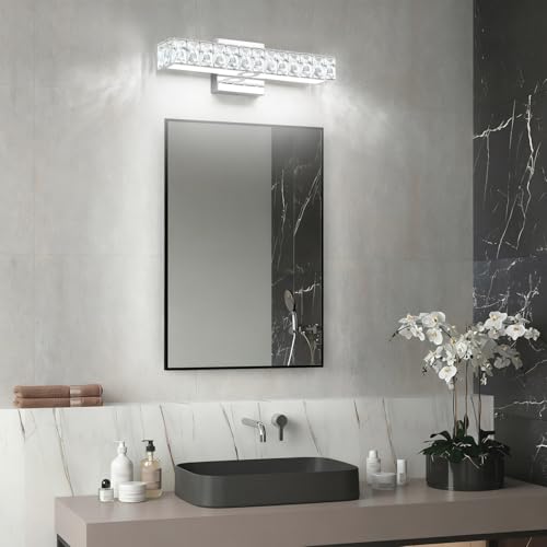 Image of SOLFART Crystal Bathroom Vanity Lights Over Mirror, Chrome Bathroom Light Fixture, 16.5 Inch LED Lights for Bathrooms Vanity Lights for Bath Chrome
