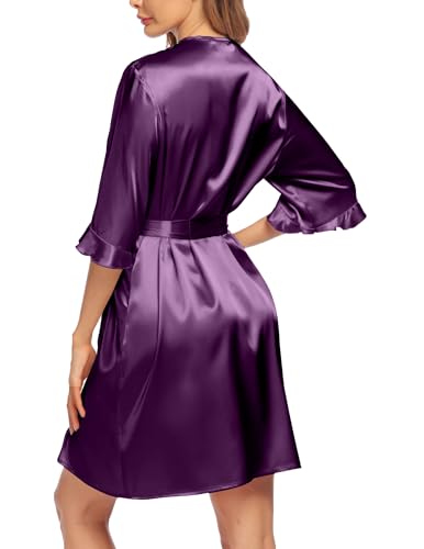 Image of Ekouaer Women's Satin Robe Valentines Lingerie for Women Kimono Bathrobe Short Ruffle Belted Robes Bridesmaids Sleepwear