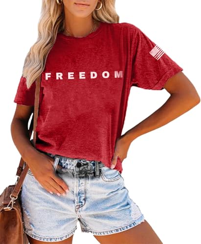 4th of July Shirts for Women Freedom T-Shirt American Flag Graphic Tees Patriotic Crewneck Short Sleeve Tops