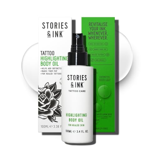 Stories & Ink Tattoo Care | HIGHLIGHTING BODY OIL for Healed Tattoos | Instant Glow Oil to Enhance Ink Vibrancy & Refresh Faded Tattoos | Lightweight Non-Greasy Daily Hydration 100 mL / 3.4 Fl Oz