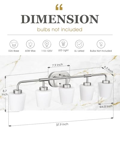 Image of Bathroom Light Fixtures Over Mirror, 5-Light Brushed Nickel Vanity Lighting Fixtures with Milk White Glass, 38inch Farmhouse Wall Sconces Lighting, AD-22004-5W-SN