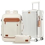 Joyway 20in Carry On Luggage with Cup Holder and USB Port, 25% Expandable Capacity, Smart Suitcase with Anti Slip Wheels and Backpack, Perfect for Men and Women 3 Piece Set White