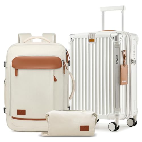 Image of Joyway 20in Carry On Luggage with Cup Holder and USB Port, 25% Expandable Capacity, Smart Suitcase with Anti Slip Wheels and Backpack, Perfect for Men and Women 3 Piece Set White