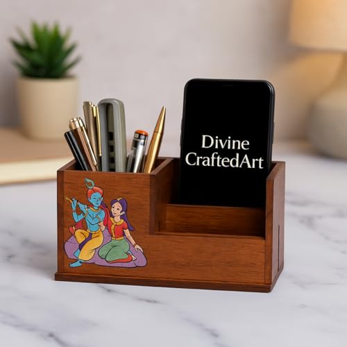 Image of Handcrafted Wooden Pen Holder & Mobile Stand | Desk Organizer for Office, Home & Study Table | Pen Pencil Stand with Card Holder (6.75x3.75x2.5 Inch) (Krishana Radhe Desk)