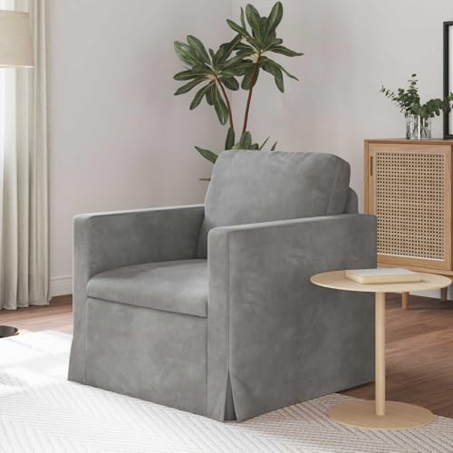Sofá moderno de terciopelo gris claro con reposabrazos de madera 3