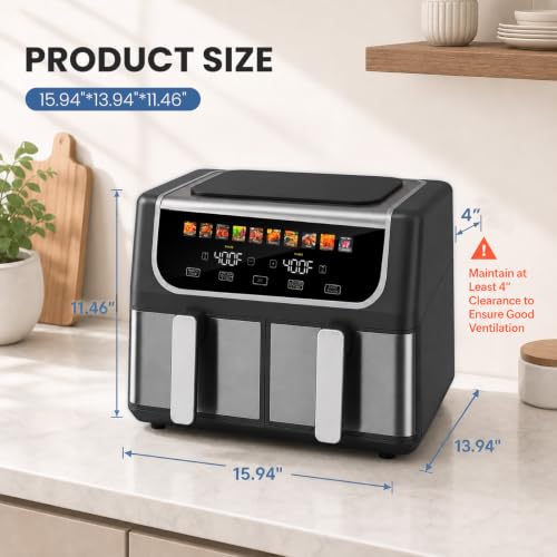 Image of OLIXIS Dual Air Fryers with 2 Baskets 9.5 Quarts Large Airfryer 10-in-1 | Independent Temp Control 80-450F, Ceramic Crisper Plate, Sync Setting, Shake Reminder, Bake Broil Defrost Dehydrate, Black