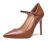 SAMMITOP Women's Pointed Toe Mary Jane Pumps High Heel Shoe with Ankle Strap Brown US8