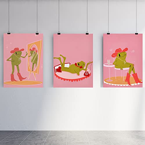 Skinge Trendy Green Frog Poster Cute Pink Posters For Room Aesthetic Decor 3 Piece Cowgirl Pink Canvas Wall Art Print Pictures For Kitchen Bedroom Bathroom Room Decor 12X16In Unframed #TOP1