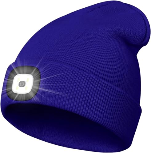 KAVAVO Mössa hatt med ljus, USB-laddningsbar LED-upplyst beaniemössa, unisex vintervärmare stickad mössa hatt för promenader på natten, fiske, camping, jakt, BLÅ, M/XL