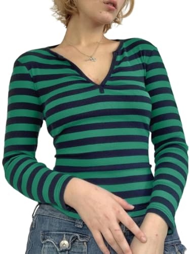 Image of Women Off Shoulder Striped Long Sleeve Top 2026 Fall Going Out Tee Shirts