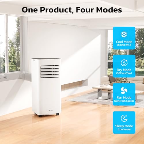 ZAFRO 8,000 BTU Portable Air Conditioners, 4 Modes Portable AC Unit with Fast Cooling/Energy Efficient/Remote/24Hrs Timer for Bedroom/Dorms/Indoor Rooms, White - Thumbnail 2
