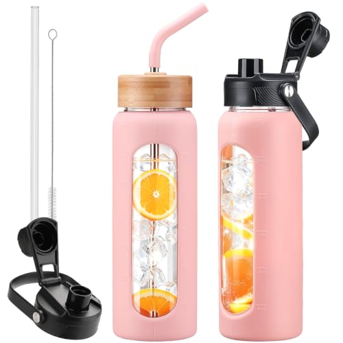 Image of 24oz Glass Water Bottle with Straw and 2 Lids, Pink