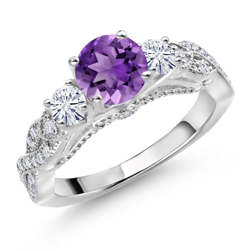 Gem Stone King 925 Sterling Silver Purple Amethyst and White Moissanite Engagement Ring For Women (1.47 Cttw, Gemstone February Birthstone, Round 6MM and 3MM)